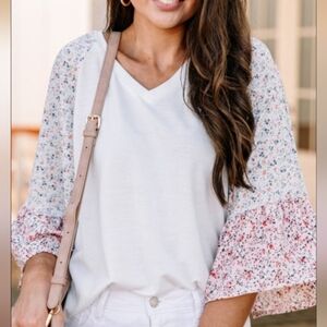 ANDREE BY UNIT White V-Neck Top with Pink Floral Bell Sleeves